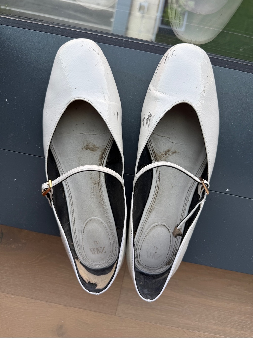 Zara White Mary Jane Flats with Gold Buckle